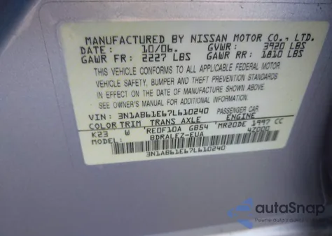 2007 Nissan Sentra 2.0S z USA, uszkodzony, nr VIN 3N1AB61E67L610240